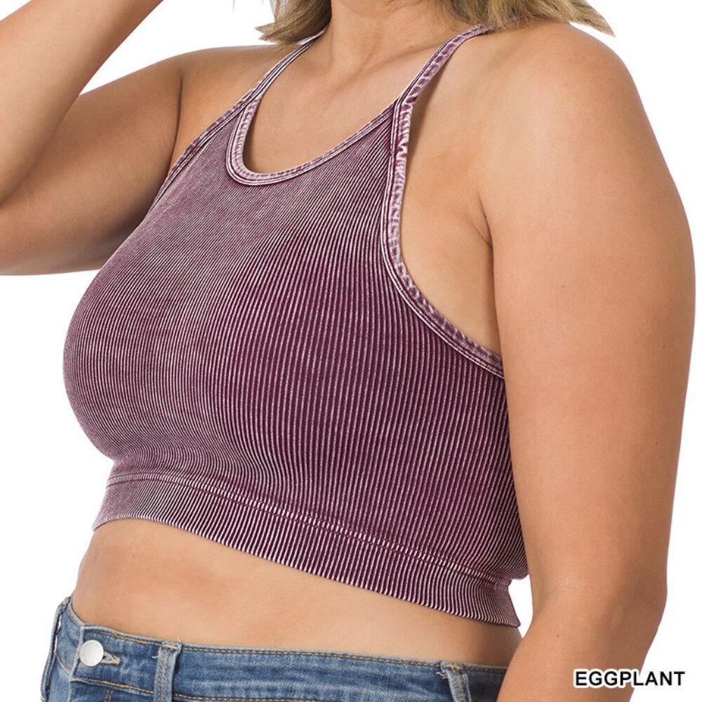 Women's Zenana Eggplant Plus Size Washed Ribbed Seamless Cropped Cami Top